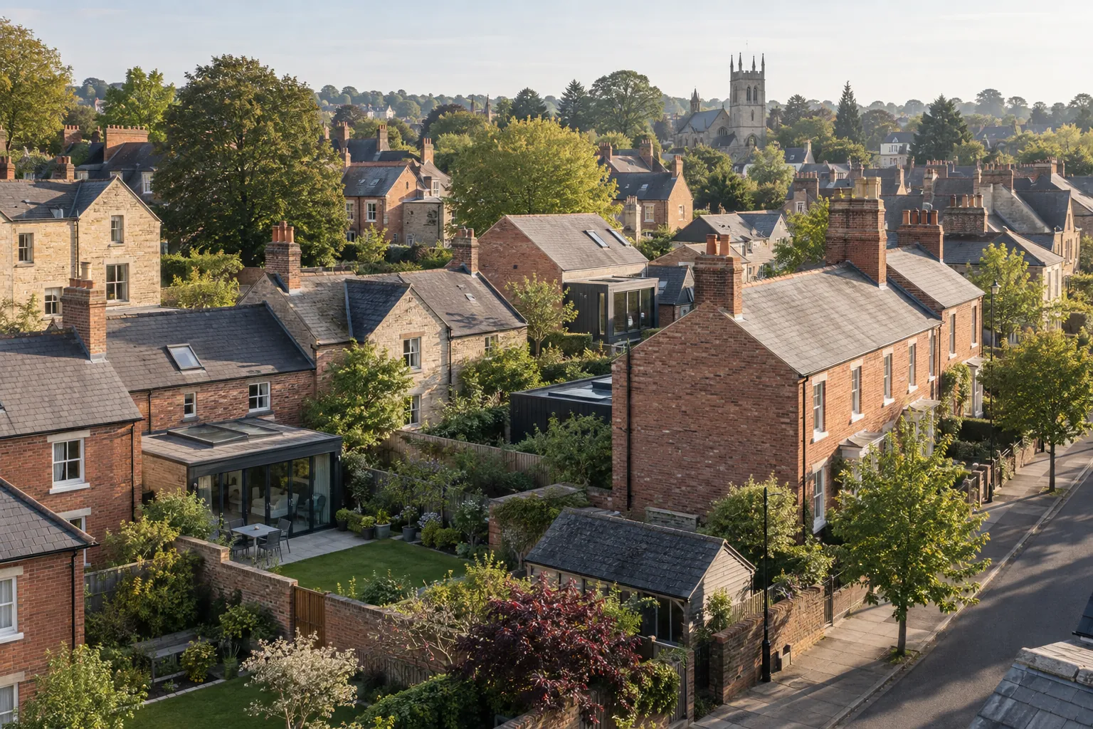 Illustration of British homes, gardens and rear extensions viewed from above.