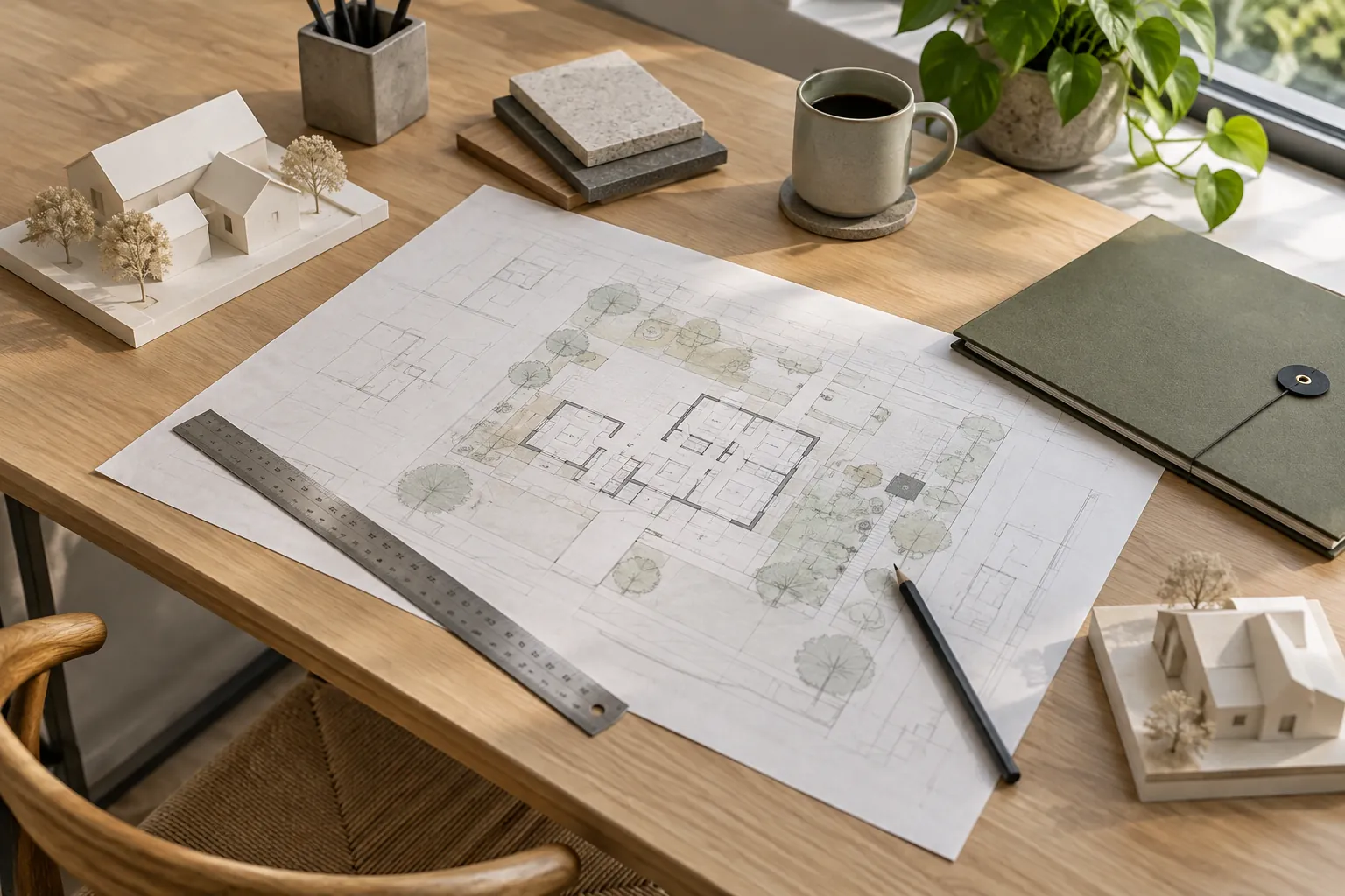 Illustration of architectural drawings, house models and a ruler on a planning desk.
