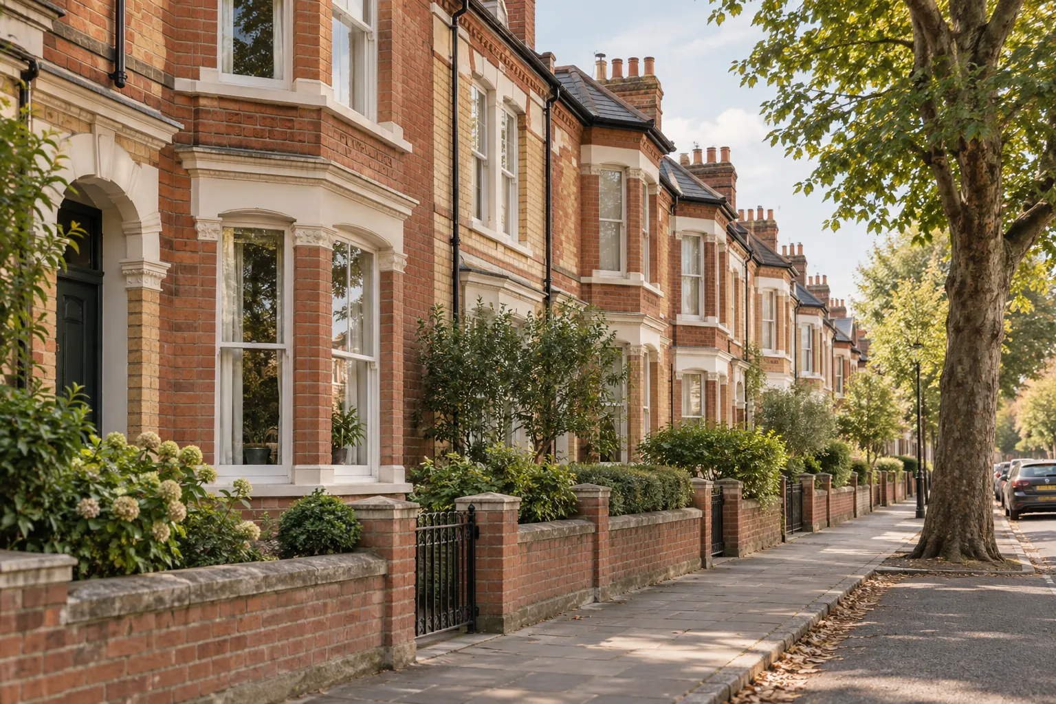 Illustration of a leafy British street with brick terraced homes and small front gardens.