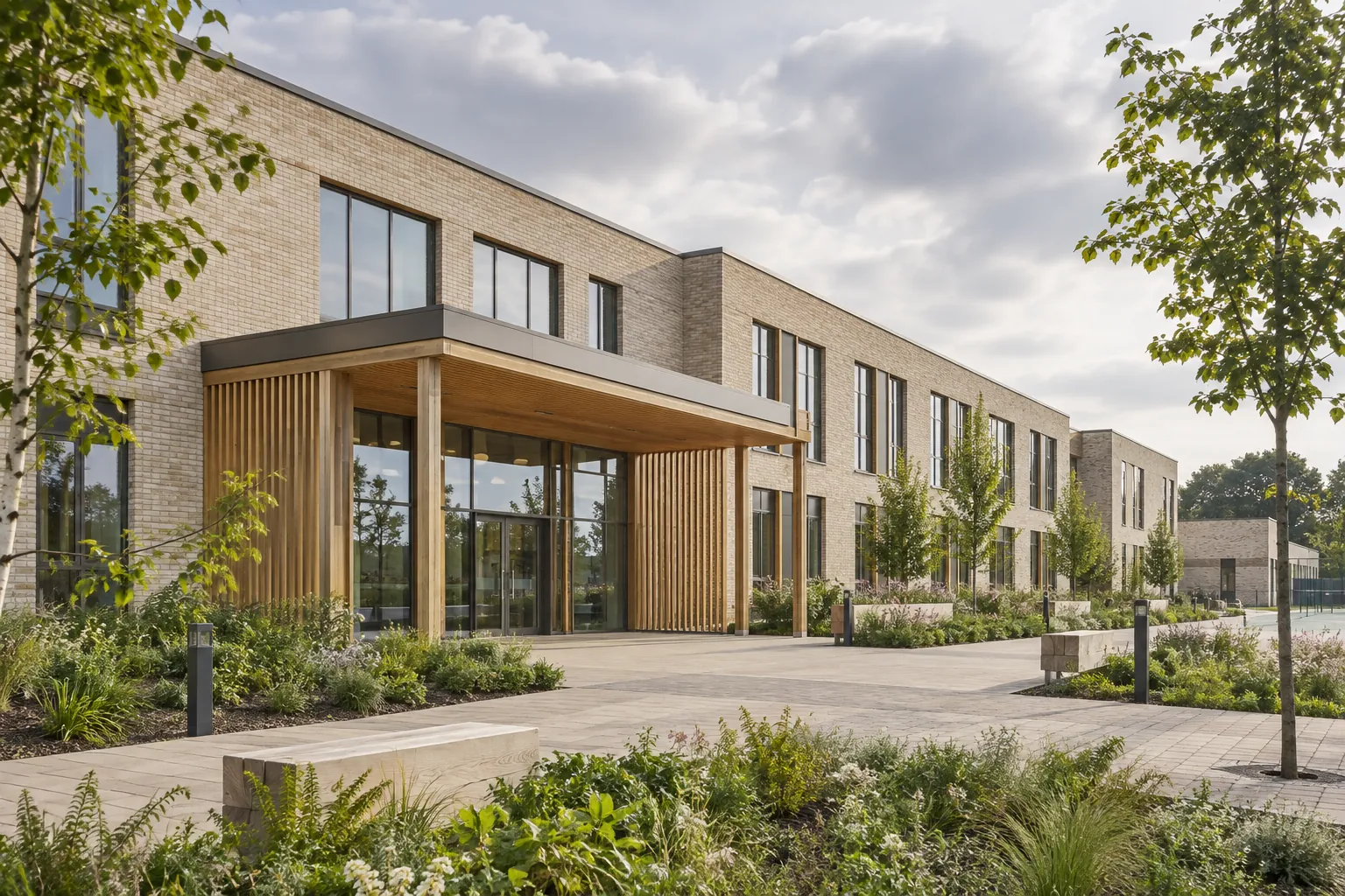 Illustration of a contemporary brick community building with a landscaped entrance.