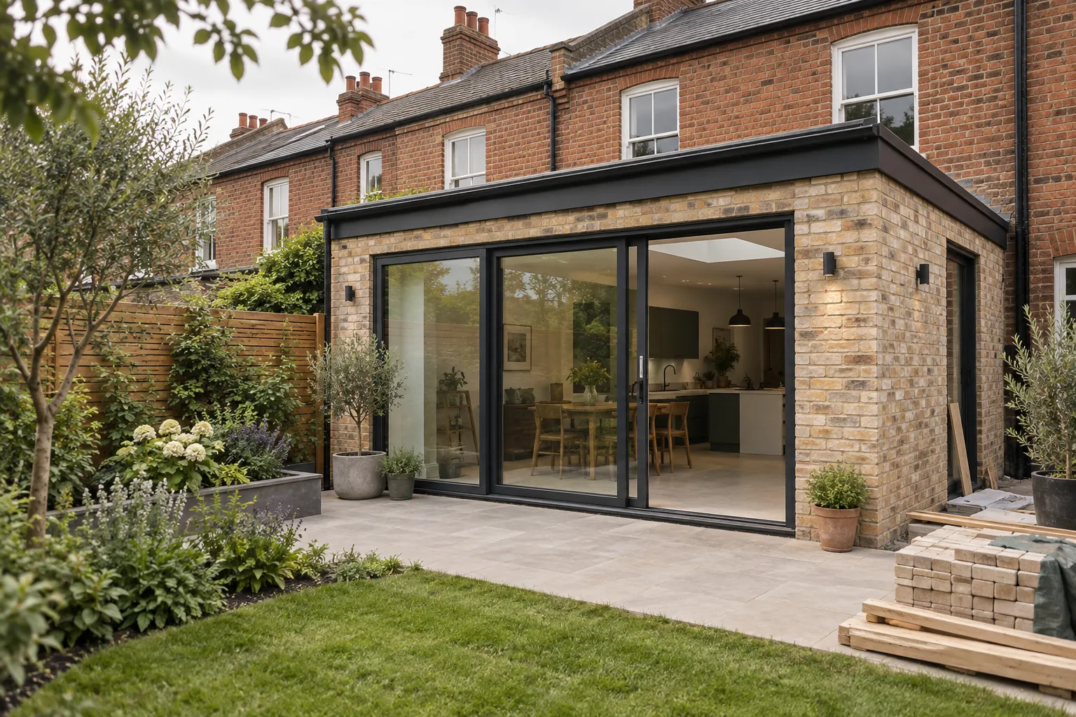 Illustration of a brick rear extension with glazed doors opening onto a garden.