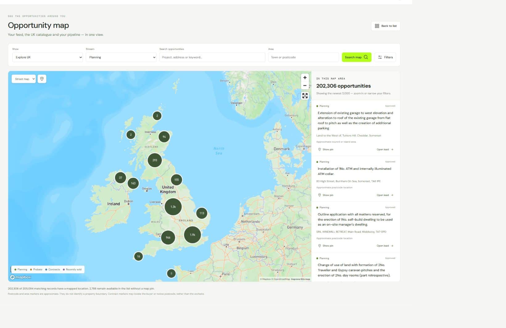 Planning Data Hub opportunity map with planning-record filters, map clusters and a list of public planning records